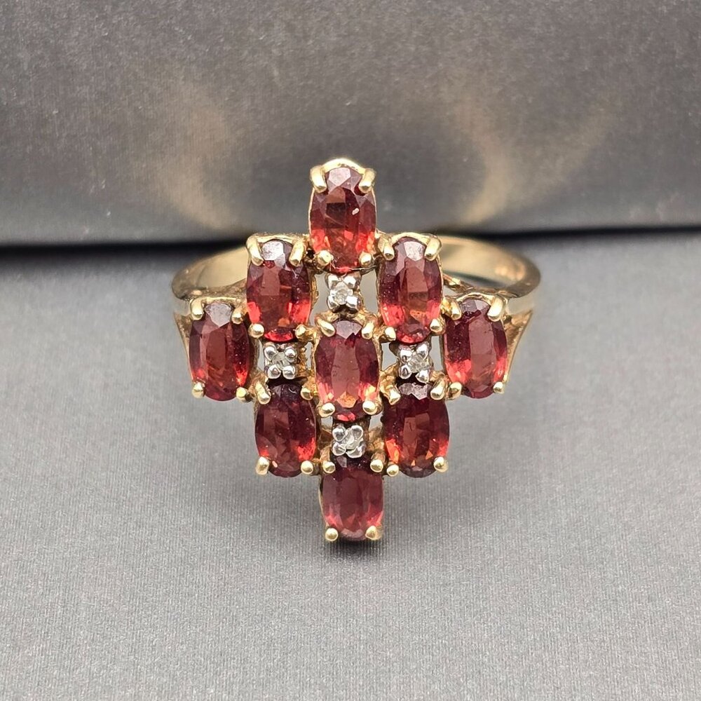 10K Yellow Gold Garnet & Diamond Ring Size 7 Signed CI 9 Oval Gemstones 3.03g - Picture 1 of 12